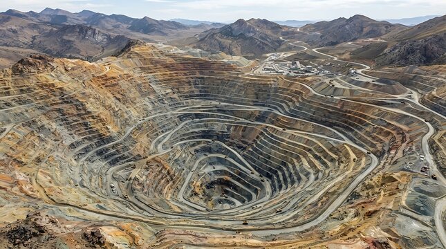 Aerial view of a large open pit mine showing deep excavation terraces and heavy industry infrastructure in a rocky mountain landscape