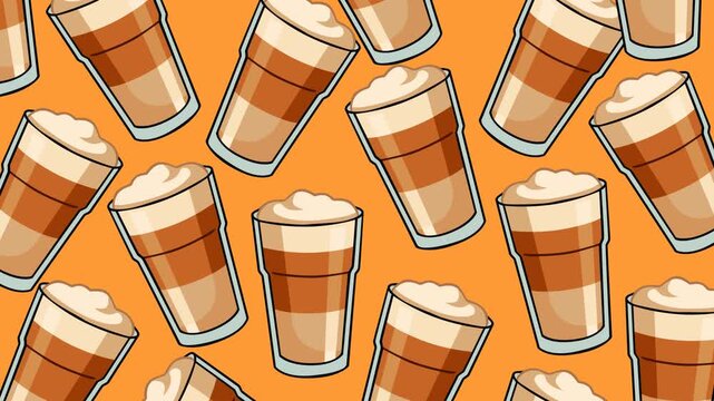 Seamless animated coffee pattern featuring multiple cups of creamy coffee on a vibrant orange background