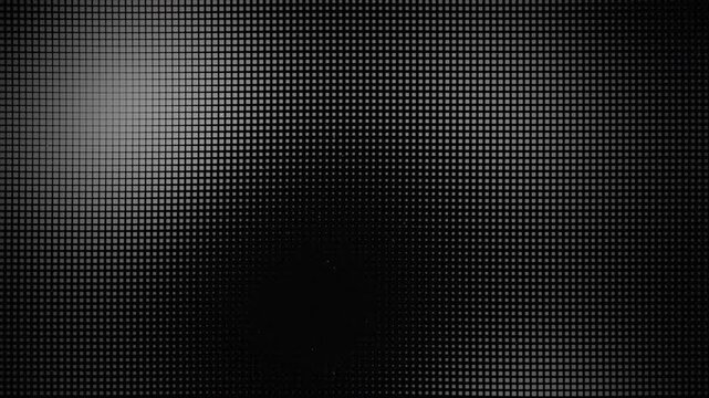 Abstract monochrome grid of glowing squares with shifting pixel density and digital noise, perfect for tech backgrounds, video overlays and motion graphics.