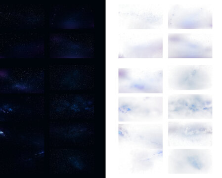 Deep space starfield and galaxy texture collection with realistic distant nebulae and cosmic dust for astronomy themes and science fiction cinematic backgrounds.