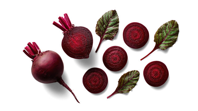 Assortment of Beets with Greens on White Background