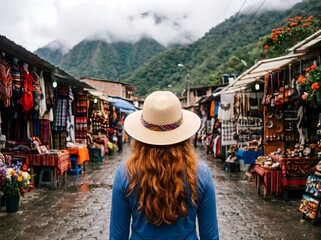 Obraz premium Woman wearing straw hat walking through colorful market street in mountainous landscape