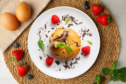 Top-down view of an American-style cookie filled with cocoa cream. Traditional Spanish recipe. 