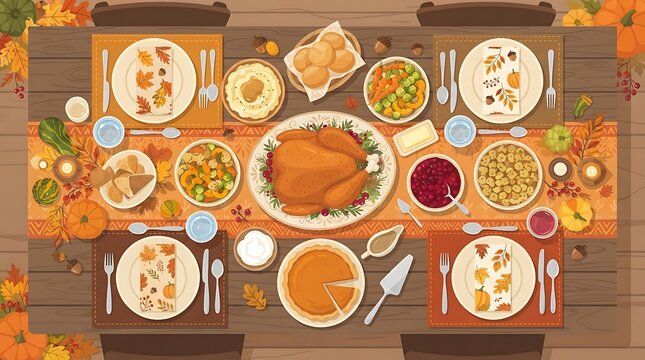 Top-down vector illustration of a festive Thanksgiving dinner table laden with roasted turkey, side dishes, and autumn decorations