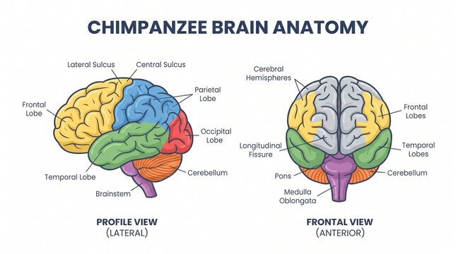 Educational Anatomy Diagram Illustrating Primate Brain Structure in Profile and Frontal View