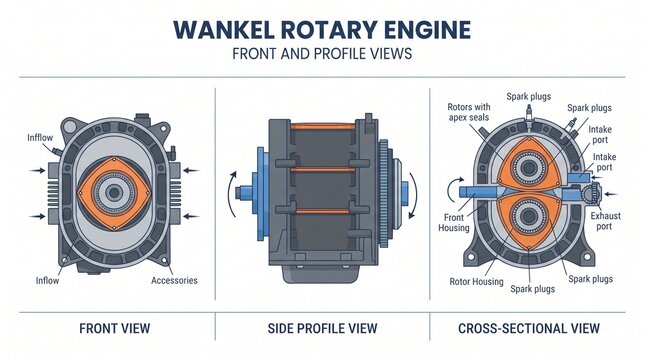 Technical Diagram of Rotary Engine Showing Front Side and Cross Section Views
