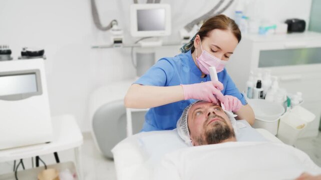 Modern ultrasonic skin scrubber used by professional beautician for facial cleansing and exfoliation on male client, showcasing advanced beauty technology and cosmetic skincare treatment