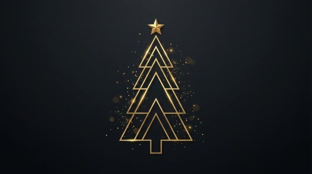 Golden geometric Christmas tree with star on dark background with bokeh