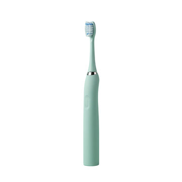A mint green electric toothbrush with a silver ring on its neck, and soft blue and white bristles is displayed against a plain backdrop, highlighting its sleek design and modern functionality.