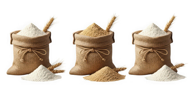 Three rustic burlap sacks filled with flour and wheat isolated on a transparent background