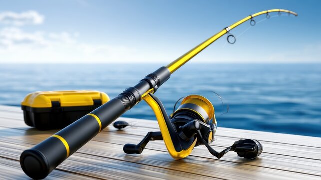 A fishing rod and reel rest on a wooden surface with a serene ocean backdrop under a clear sky