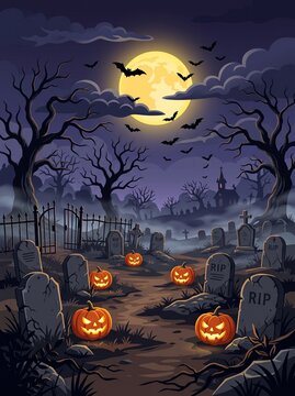 Halloween Night Background with Pumpkins, Full Moon, Bats, Spooky Trees and Haunted House, Dark Autumn October Holiday Horror Vector Illustration