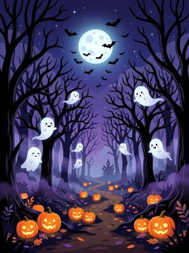 Halloween Night Background with Pumpkin, Haunted House, Full Moon, Bats, Spooky Trees and Autumn Holiday Decorations, Scary October Horror Vector Illustration