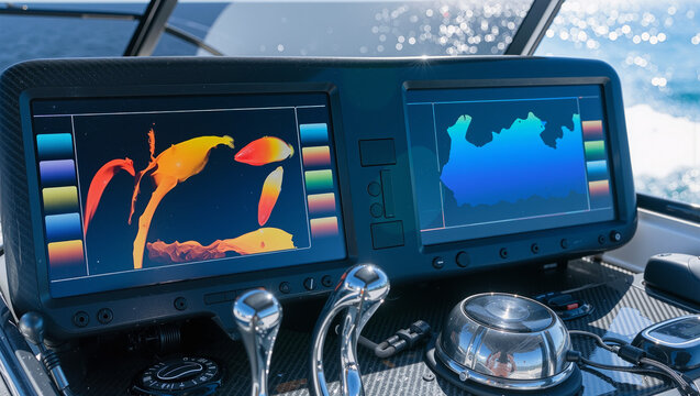 Modern boat helm station with dual electronic navigation displays showing sonar fish finder graphs and depth map navigation data
