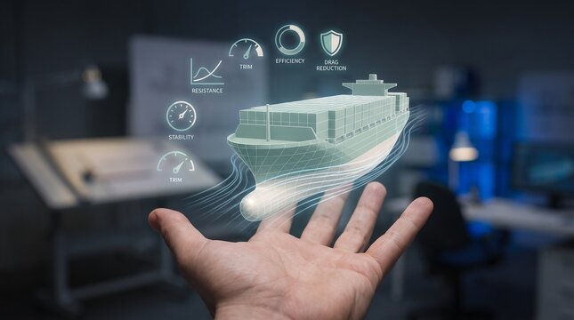 Futuristic holographic wireframe cargo ship model floating above an open palm shows complex engineering data including stability metrics, drag reduction, and efficiency statistics for naval design