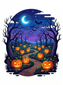Halloween Pumpkin and Bats Background with Moonlit Night, Spooky Trees, Haunted Castle and Autumn Holiday Decorations Vector Illustration