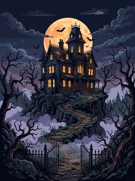 Haunted Halloween Castle and House at Night with Bats, Moon, Spooky Trees and Pumpkins, Scary Autumn Holiday Vector Illustration