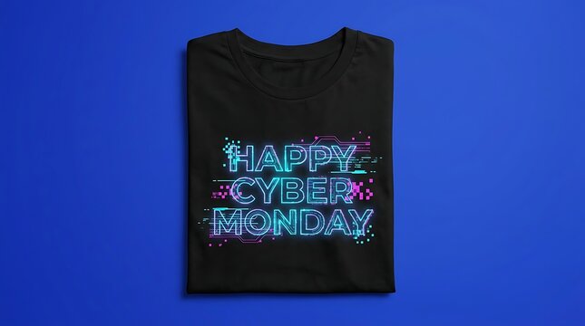 A black shopping bag featuring a vibrant neon cyber monday sign isolated on a solid blue background