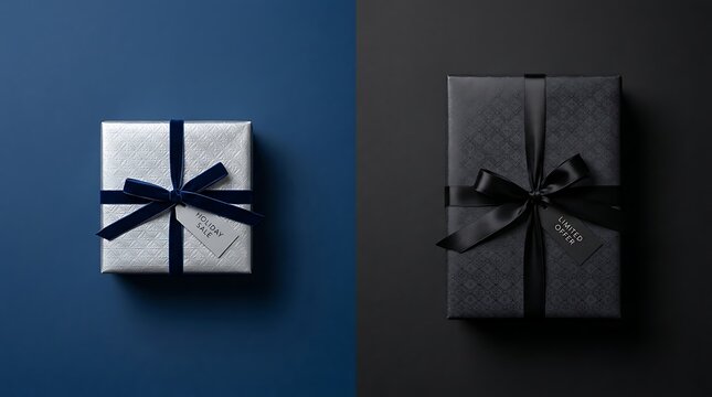 Two elegant gift boxes with black ribbons displayed for a stylish cyber ay shopping promotion background