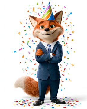 adorable red fox wearing a stylish party hat and elegant navy suit, standing confidently with a friendly smile, festive confetti surrounding the character, pure white studio background, realistic 3D
