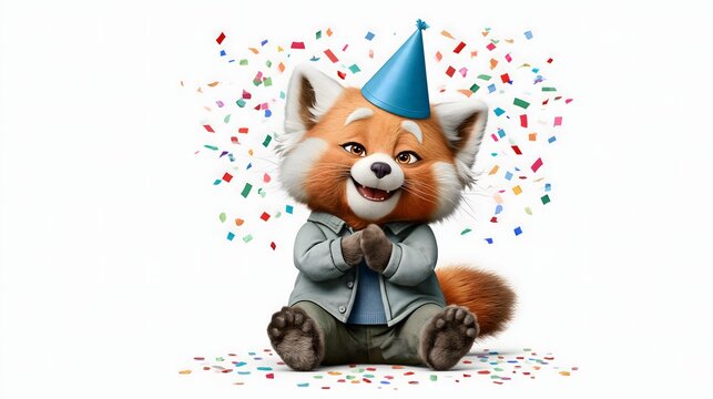 cute red panda wearing a blue party hat and stylish jacket, sitting happily with a friendly expression, festive confetti floating around, isolated on pure white studio background, realistic 3D