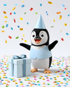 adorable penguin wearing a small blue party hat and smart formal vest, standing beside a simple gift box, cheerful celebration atmosphere, colorful confetti, clean pure white background, realistic 3D
