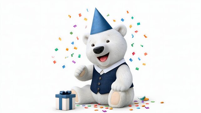 cute polar bear cub wearing a blue party hat and formal navy vest, sitting beside a small gift box, cheerful celebratory expression, colorful confetti, isolated on pure white background, realistic 3D