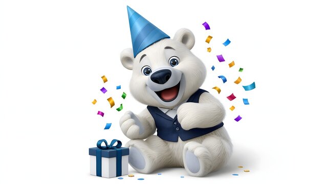 cute polar bear cub wearing a blue party hat and formal navy vest, sitting beside a small gift box, cheerful celebratory expression, colorful confetti, isolated on pure white background, realistic 3D