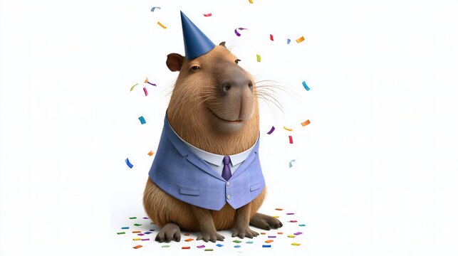adorable capybara wearing a stylish blue party hat and elegant formal vest, sitting calmly with a warm cheerful expression, colorful confetti floating around, pure white studio background, realistic