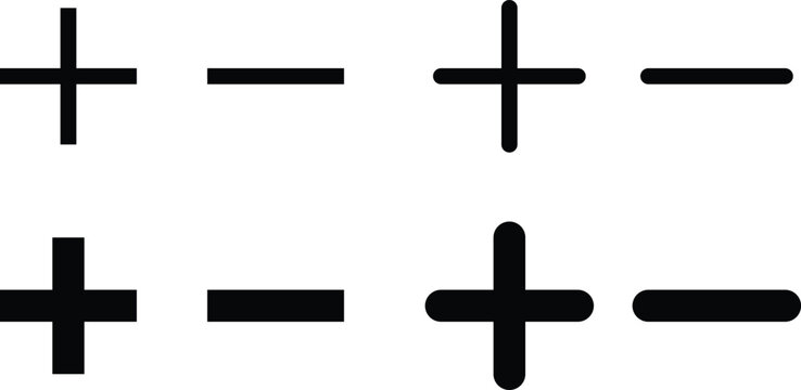 Plus and minus math math symbols icon set. Add and remove UI control trigger symbol. Solid black square and rounded cap plus minus collection