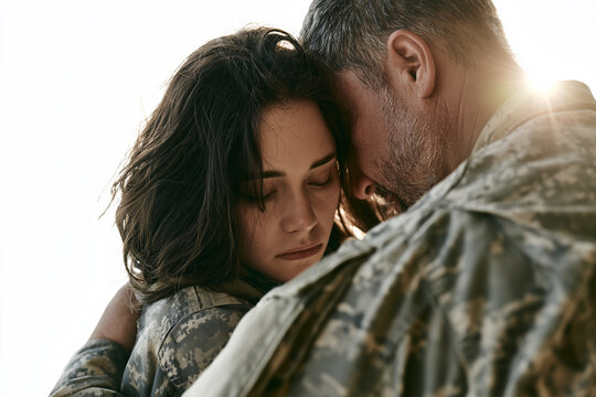 Veteran comforts young adult family member indoors during daytime with soft light