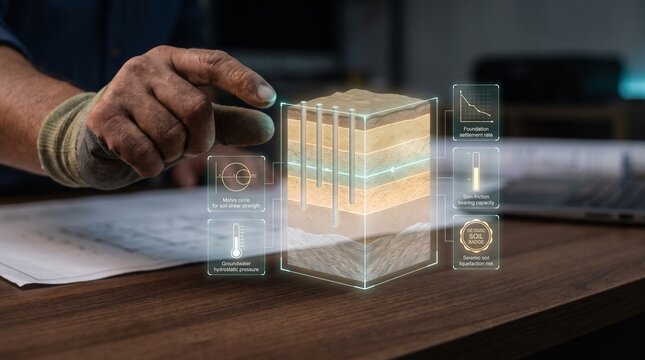 Geotechnical engineer uses advanced holographic digital interface to analyze complex soil layer composition and stratigraphic data for precise construction project foundation stability