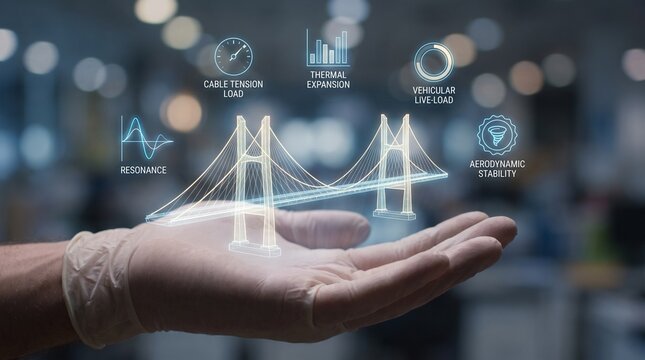 Glowing wireframe bridge model floats above a gloved human hand with holographic engineering data displays showing structural analysis, physics metrics, and advanced infrastructure design concepts.
