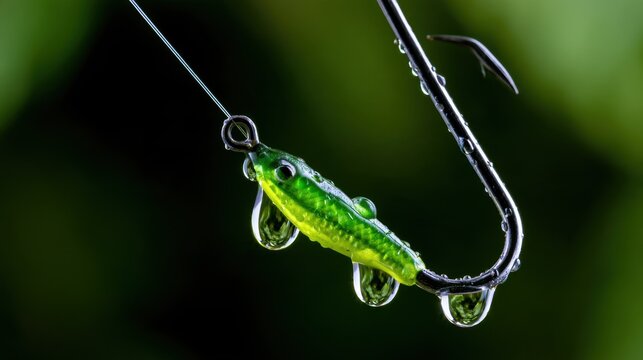 A close-up of a green lure glistening with water droplets on a fishing hook surrounded by greenery