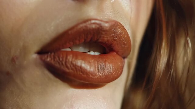 Close up of a woman with glossy brown lips and soft skin, beauty makeup detail, lip gloss cosmetics concept, sensual fashion portrait.