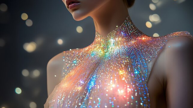 Woman wearing a shimmering crystal embellished dress with glowing light reflections and bokeh background