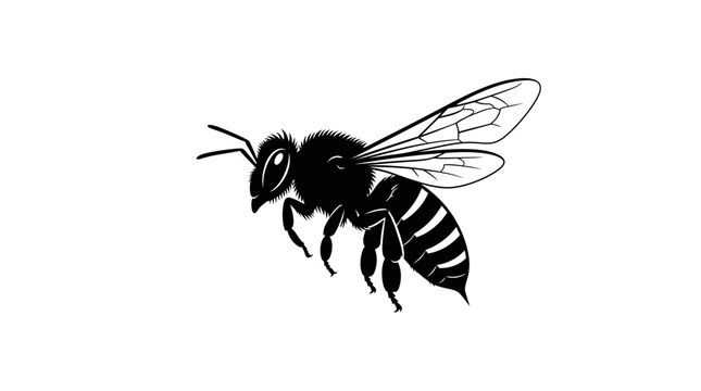 Black silhouette of a honeybee on a white background detailed wing venation
