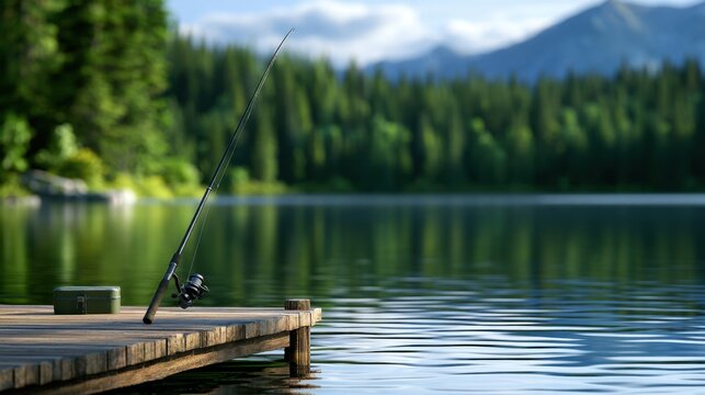 A tranquil lakeside scene features a fishing rod poised on a wooden dock surrounded by nature