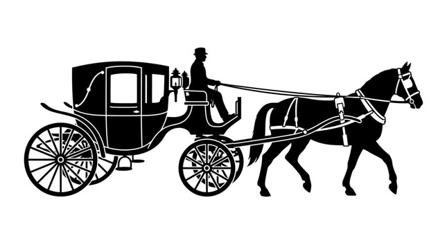 Horse drawn carriage silhouette against a white background depicts historical transportation