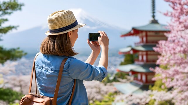 foreign traveler photographing Mount Fuji and a traditional Japanese pagoda during cherry blossom season, camera visible, authentic sightseeing experience, warm natural sunlight, realistic travel