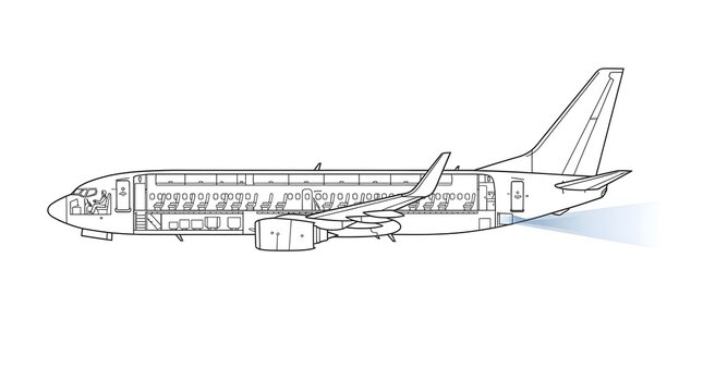 Cutaway diagram of twin-engine passenger jet showing internal cabin and cargo layout for aviation industry use