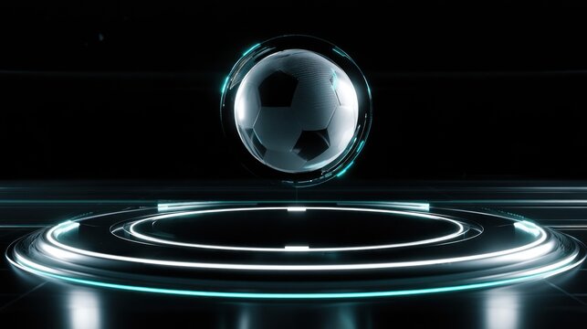 Futuristic soccer ball levitating above neon podium in dark digital arena