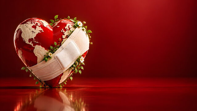 Conceptual 3D illustration of a heart-shaped Earth symbolizing global heart health, cardiovascular disease awareness, and the importance of heart care.