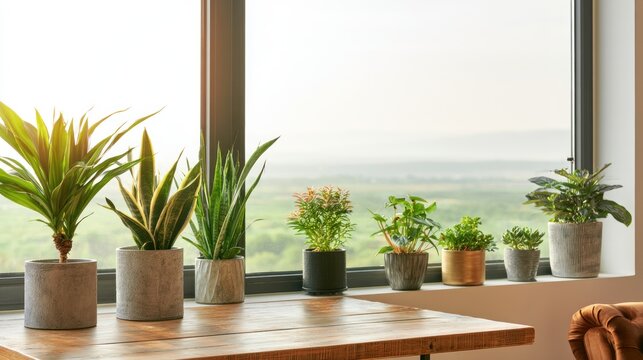 Assortment of potted houseplants lined up on a windowsill with outdoor view