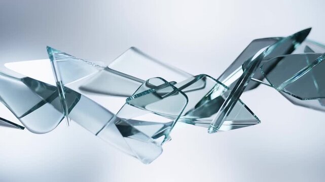 Broken glass shards arranged in abstract pattern on bright white background