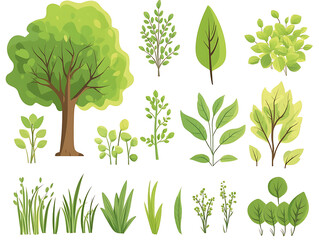 Obraz premium Minimal flat vector illustration featuring various leaves, trees, branches, grass, and botanical elements isolated on white background