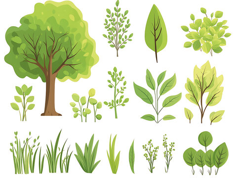 Minimal flat vector illustration featuring various leaves, trees, branches, grass, and botanical elements isolated on white background