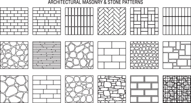 Architectural masonry and stone patterns collection featuring eighteen distinct brickwork and wall cladding styles in vector line art
