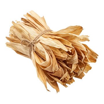 Bundle of dried corn husks tied with twine on a white background