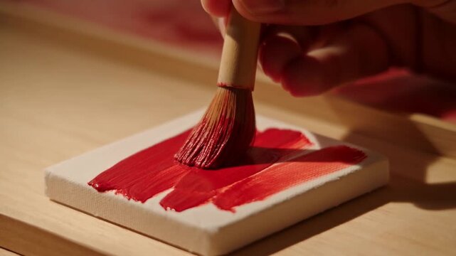 Hand Holding Paintbrush Over Red Strokes on White Canvas at Wooden Table
